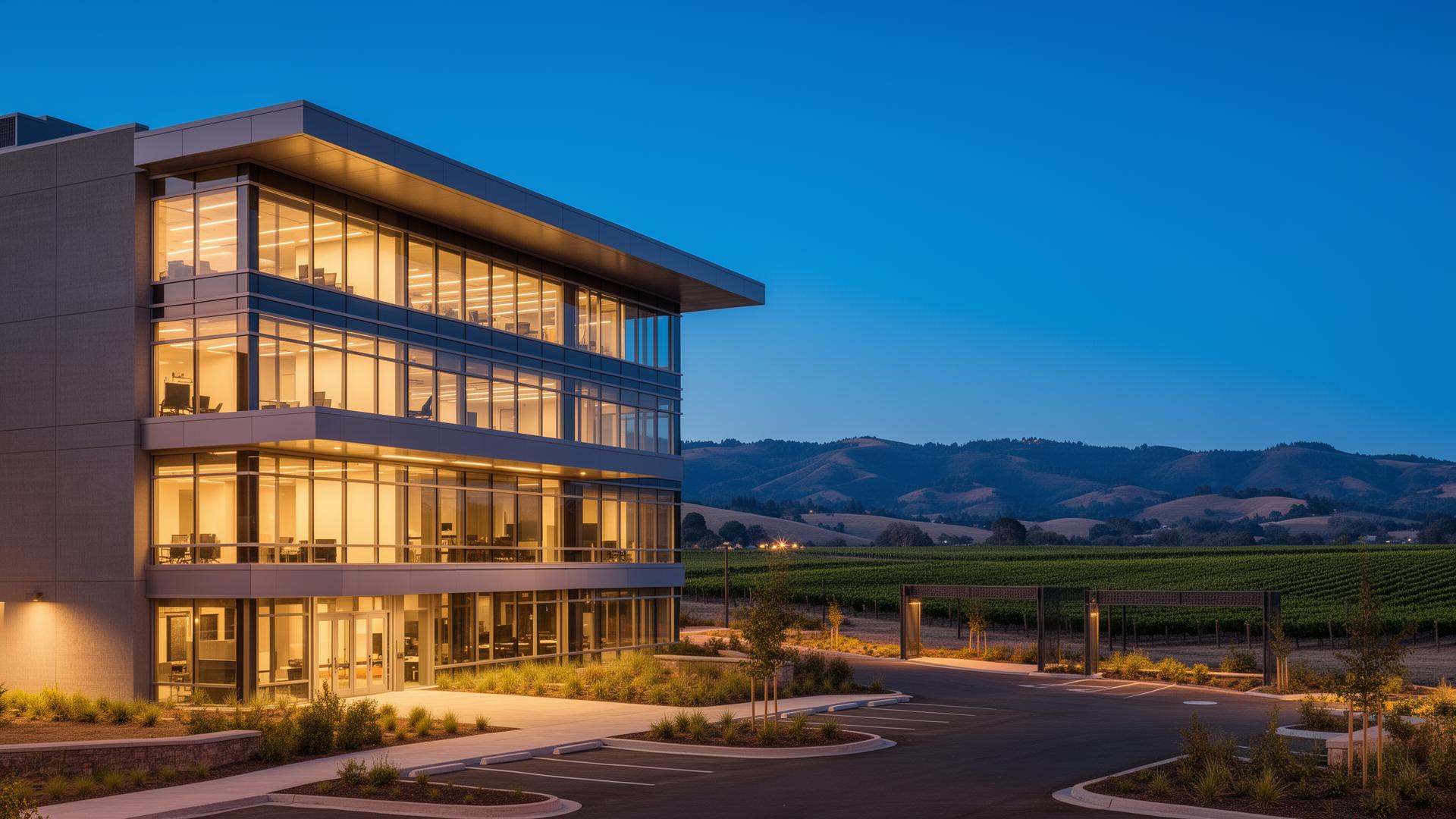 Modern business building at dusk